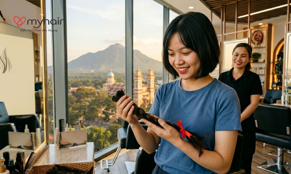 Hình ảnh truyền cảm hứng về lòng nhân đạo của giới trẻ khi hiến tóc ở Tây Ninh