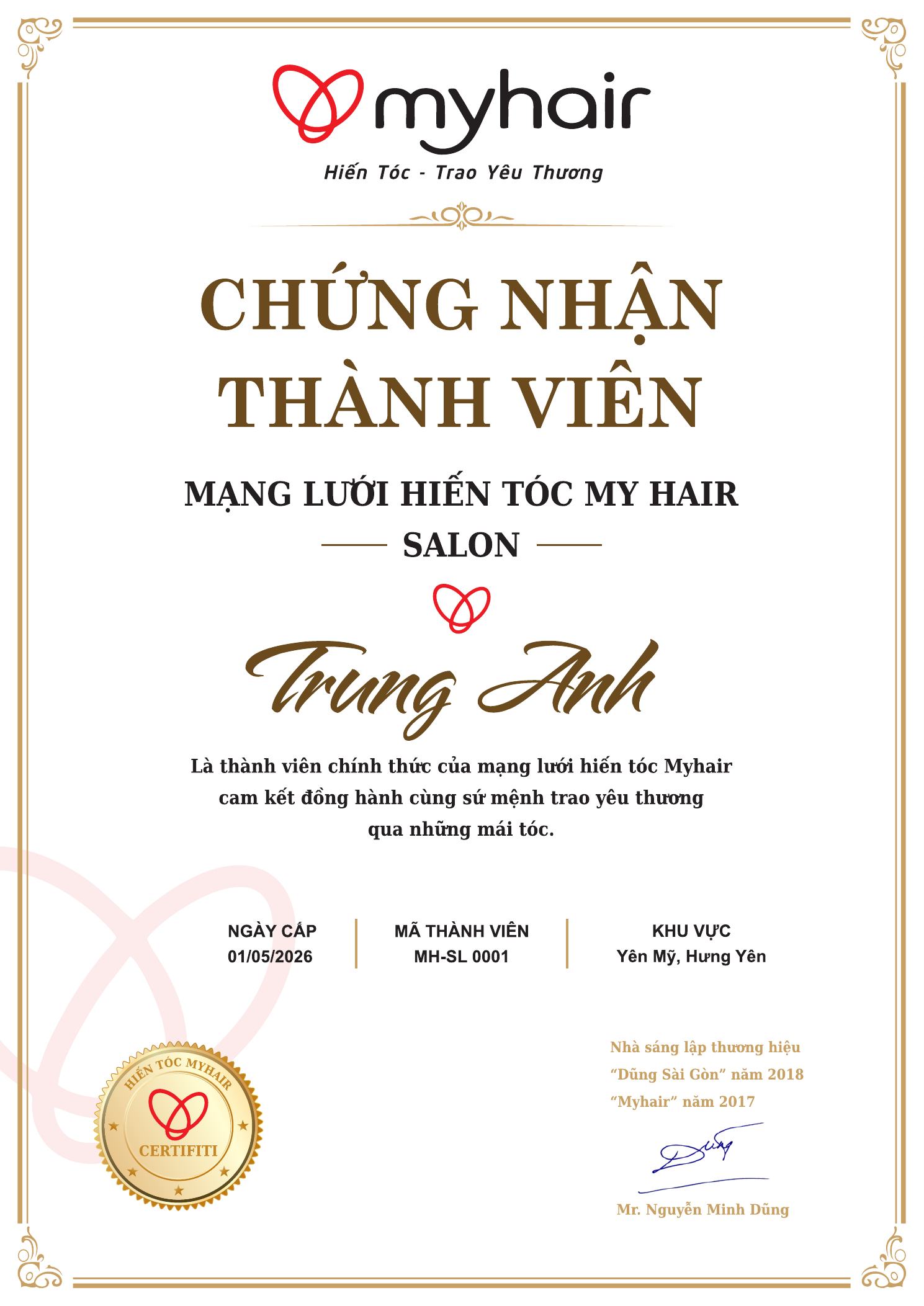 Chứng nhận thành viên Myhair