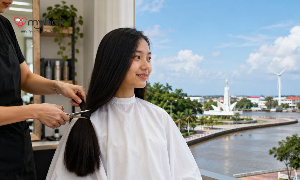 Người tham gia hiến tóc ở Bạc Liêu tại salon tóc phong cách tối giản
