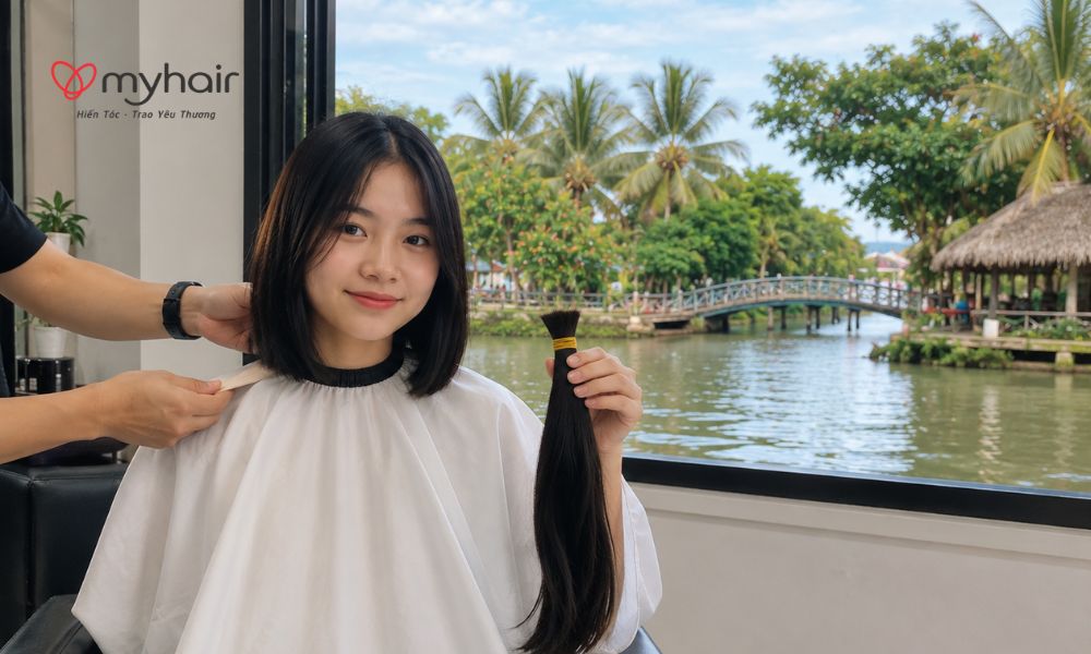 Hình ảnh sau khi cắt xong trong hành trình hiến tóc ở Vĩnh Long